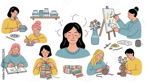 Woman enjoying various creative hobbies and mindful activities.