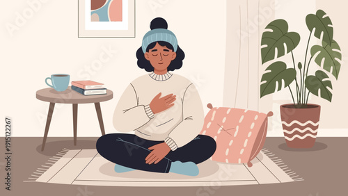 Woman meditating at home, finding peace and self-care in a cozy indoor setting.