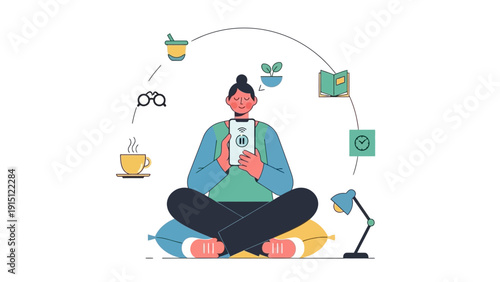 Woman Meditating with Digital Device and Lifestyle Icons.
