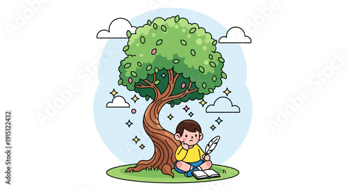 Young boy reading a book under a large green tree.
