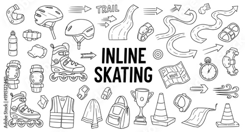 Inline skating equipment and accessories collection, hand-drawn doodle style