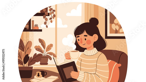 Young woman enjoying a warm drink while reading a book.