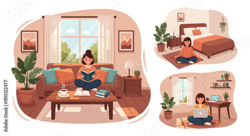 Young woman enjoying quiet moments of reading and relaxation at home.