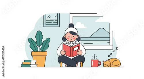 Young woman reading a book with a sleeping cat nearby.