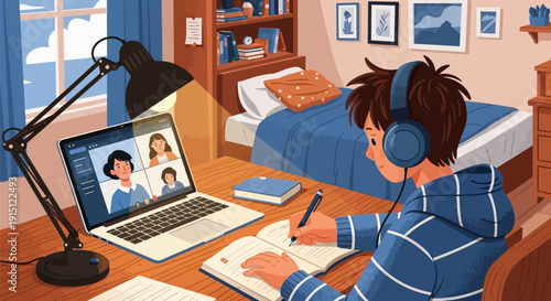 Teenager attending online class from home with laptop and headphones
