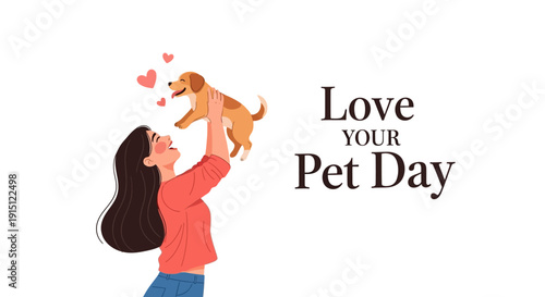 Illustration of a woman playing with her dog on Love Your Pet Day, conveying affection and companionship with a cute and colorful style.