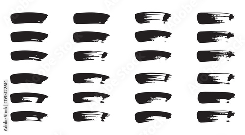 Horizontal ink brush stroke collection with rough finishes and dry paint textures for artistic background