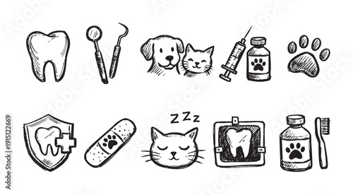 Doodle style icons representing dental care and pet care, isolated on white. Vector format. Great for blog posts, websites, and promotional materials for veterinary and dentist businesses.