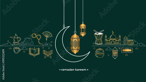 Celebrating Ramadan with hanging lanterns and traditional elements in a serene Islamic setting