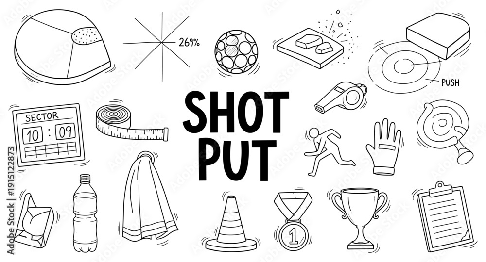 Fototapeta premium Collection of hand-drawn icons representing shot put sport and training elements