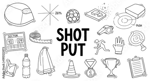 Collection of hand-drawn icons representing shot put sport and training elements