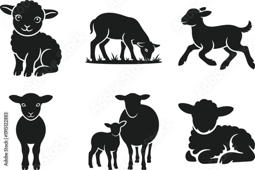 Cute Lamb and Sheep Silhouette Vector Set with Farm Animal Poses