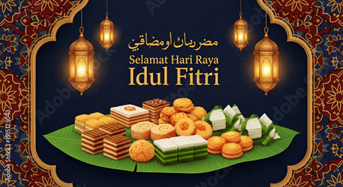 Traditional eid al fitr food sweets display with lantern decor islamic festival celebration idul fitri greeting design for muslim holiday marketing vector
