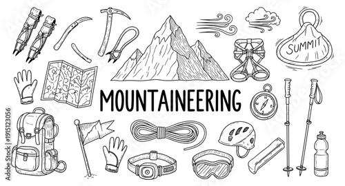 Collection of mountaineering equipment and symbols for adventure and climbing