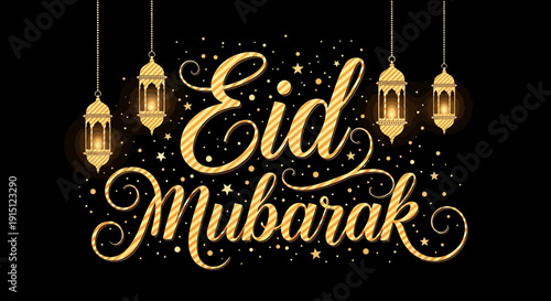 Celebratory Eid Mubarak greeting card with lanterns and stars, symbolizing festive occasion, cultural heritage, and joyous moments