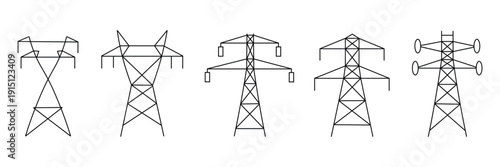 Power Transmission Line Tower Set Electricity Pylon Line Icon Collection