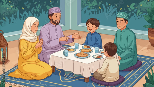 Father teaching son to read holy book on a purple carpet at night with floral decorations