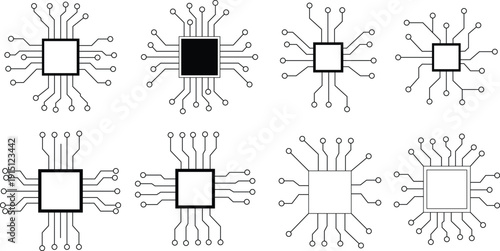 Microchip Processor Circuit Icon Set Technology CPU Chip Vector Collection