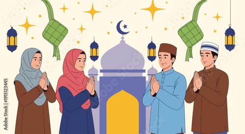 Group of people praying together in front of a mosque during a festive celebration at night