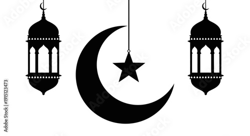 Crescent moon and star symbol surrounded by hanging lanterns in a serene nighttime scene illustration