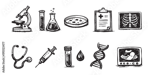A set of hand-drawn medical icons includes a microscope, test tubes, stethoscope, syringe, DNA, and ultrasound. Ideal for medical, science and healthcare presentations and designs.