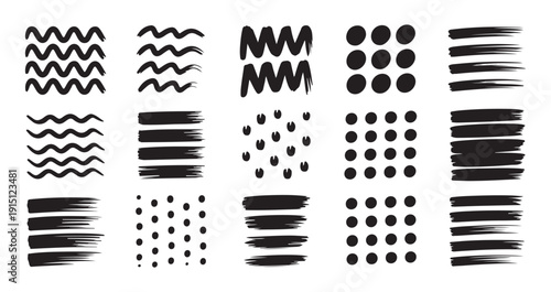 Black ink brush strokes and artistic hand drawn elements for creative design projects and patterns vector
