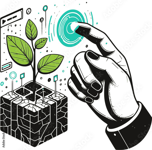 Smart agriculture and agritech concept vector illustration with hand touching digital interface.