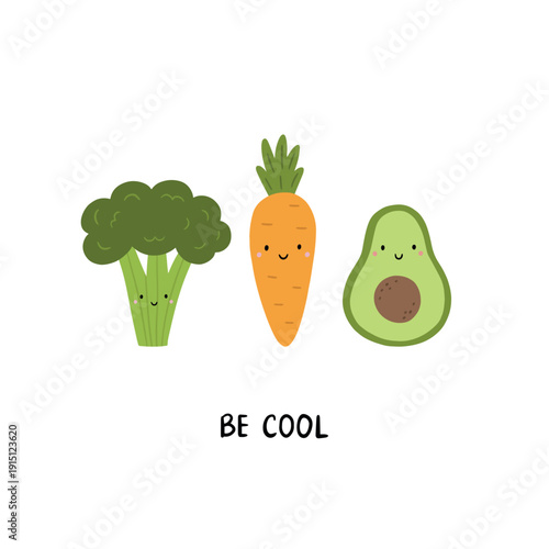 Cute poster with cartoon vegetables. Vector illustration. Kawaii broccoli, carrots, and avocado