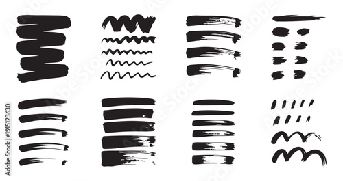 Hand painted black ink textures and expressive brush strokes set for modern artistic design compositions