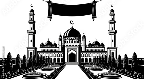 A serene mosque with a large dome and minarets, surrounded by a peaceful garden, viewed from a distant perspective.