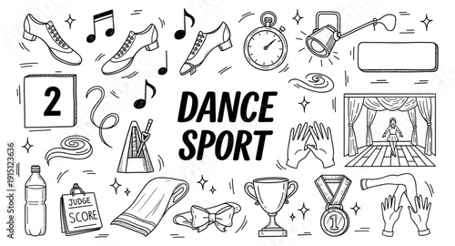 Dance sport competition elements and symbols doodle art illustration