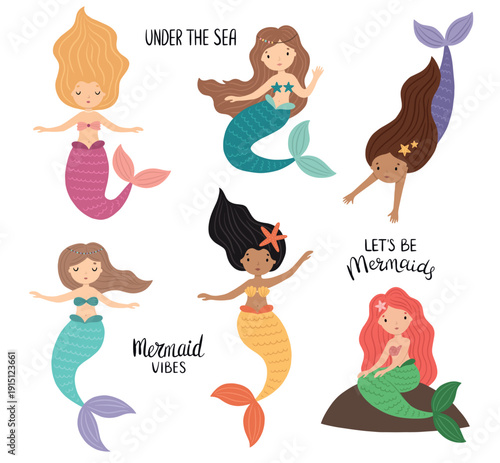 Vector set with cute and beautiful mermaids. Hand drawn illustration. Cartoon underwater princesses isolated on a white background