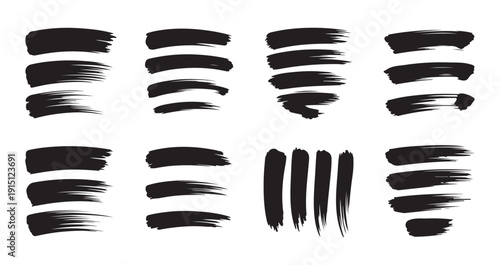 Dynamic black ink paint brush strokes and curved lines set for creative graphic design and texture making