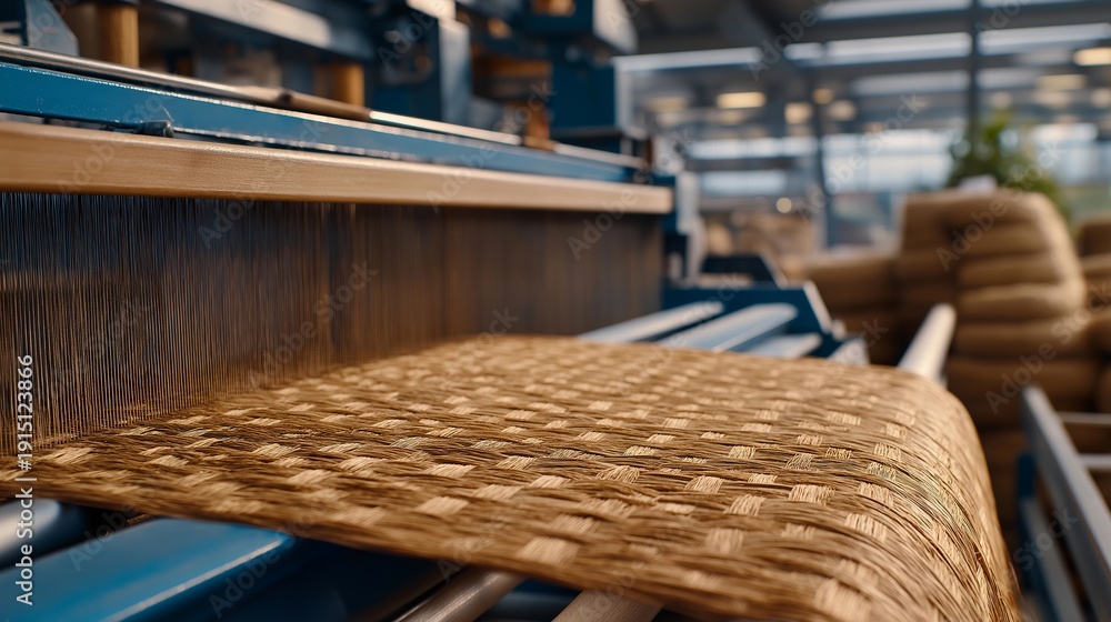 Obraz premium Production line of woven products shows efficient machinery and skilled workers, showcasing the intricate process of weaving fabric, highlighting the speed and precision involved in textile