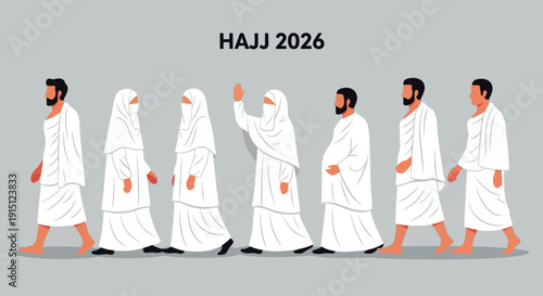 Pilgrims in white robes walking in unison towards a sacred destination during Hajj ceremony