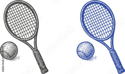 halftone tennis racket and ball icon isolated on white background, black and blue vector illustration of sports equipment with dot shading for tournament, fitness, and athletic concepts.