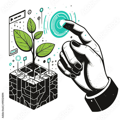Smart agriculture and agritech concept vector illustration with hand touching digital interface.