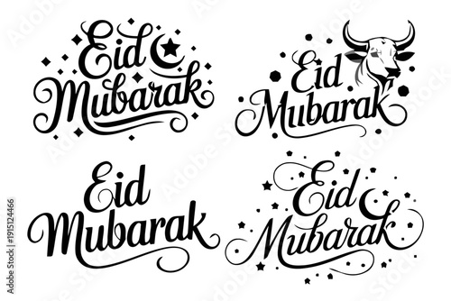 Eid Mubarak Calligraphy Designs Featuring Cows and Ornate Lettering in Various Styles