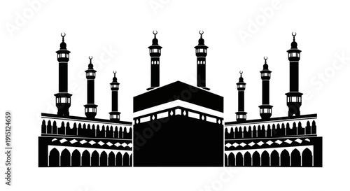 Majestic mosque silhouette with multiple minarets and arches viewed from the front
