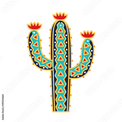 Colorful patterned cactus icon. Saguaro cactus with ornament vector illustration.