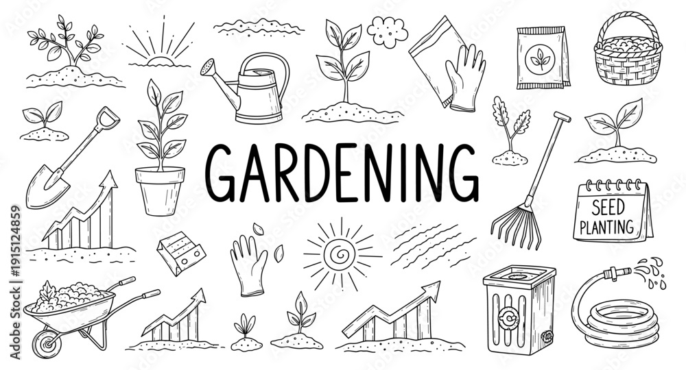 Obraz premium Doodle illustration of gardening tools and plants, symbolizing growth and cultivation