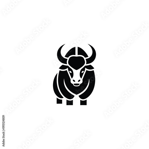 A minimalist black and white illustration of a bull viewed from the front standing on a plain background