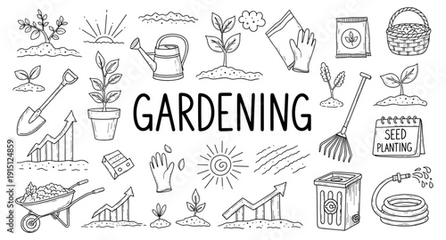 Doodle illustration of gardening tools and plants, symbolizing growth and cultivation