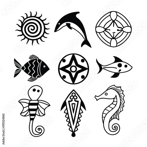 Abstract vector set of celtic symbols featuring turtle shell patterns and marine animal icons like fish and sea stars for nature tattoo design and logo art