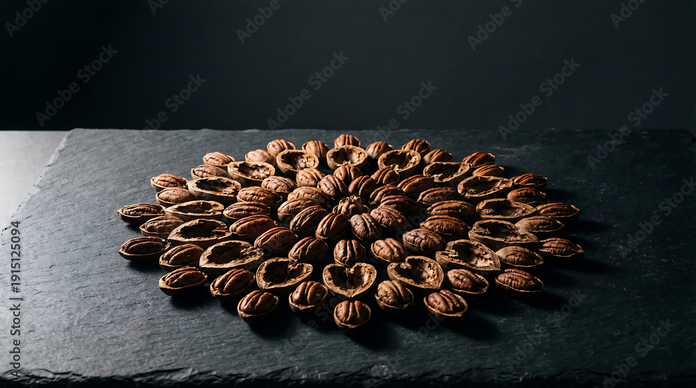 Obraz premium Pile of raw pecan halves and shells artfully arranged on a dark slate surface