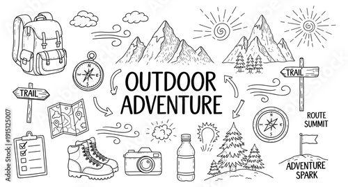 Hand-drawn outdoor adventure elements including backpack, compass, map, and mountains