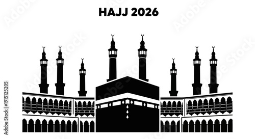Silhouette illustration of the Kaaba and minarets during Hajj pilgrimage in Mecca, Saudi Arabia, viewed from the front
