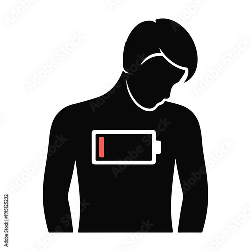 Person with Low Battery Icon in Chest - Energy Depletion and Fatigue Concept