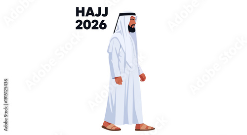 A man in traditional attire walking towards a designated gathering point for a significant religious event in the future