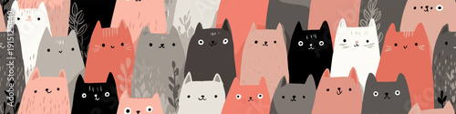 Cute cat pattern creating seamless animal background texture. Many cute cats with different expressions forming a seamless animal pattern